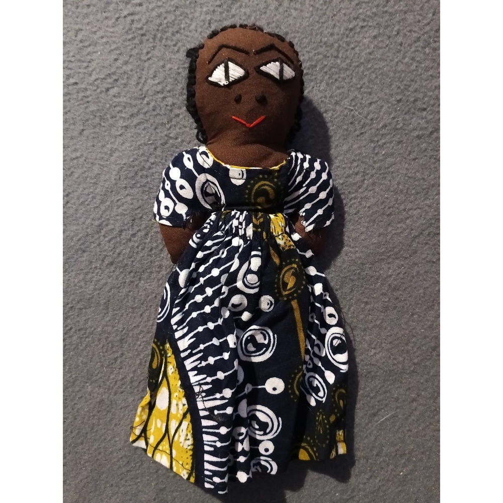 9in Handmade African Fabric Doll Folk Art Cloth Doll Dark Complexion Black Hair